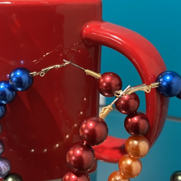 3inch hooped earrings with multi-color beaded design - Picture 2 of 4